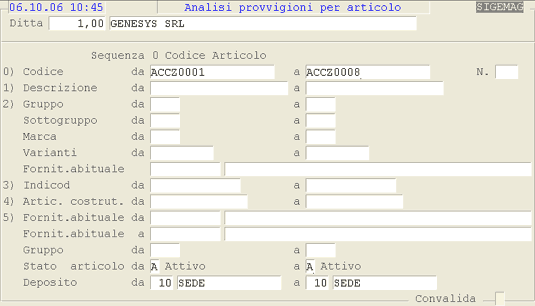 Analisi Provvigioni: 1° videata