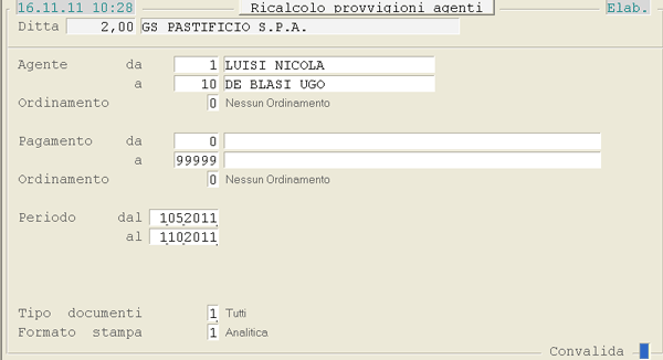 Ricalcolo Provvigioni: videata di selezione