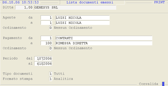 Lista Documenti Emessi: videata di selezione