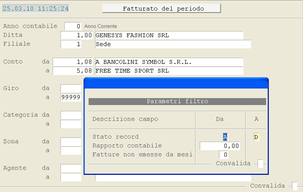 Stampa Fatturato: videata d'impostazione parametri