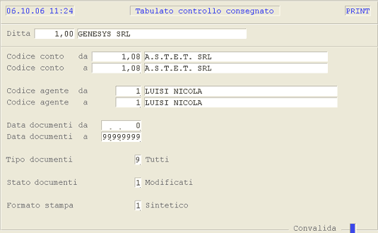 Controllo Consegnato: videata di selezione