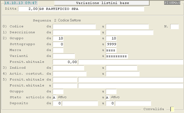 Variazione Listini Base: impostazione parametri di selezione Articoli