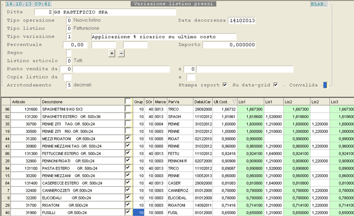 Variazione Listini Base: impostazione criteri di variazione Listini e visualizzazione Articoli su data-grid