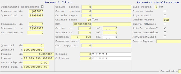 Inquiry Movimenti Magazzino: impostazione Parametri Filtro e Visualizzazione