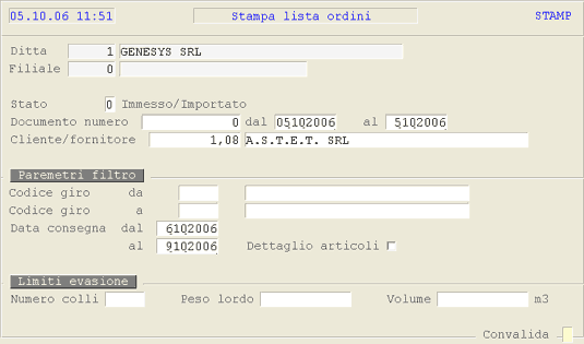 Lista Ordini: videata di selezione