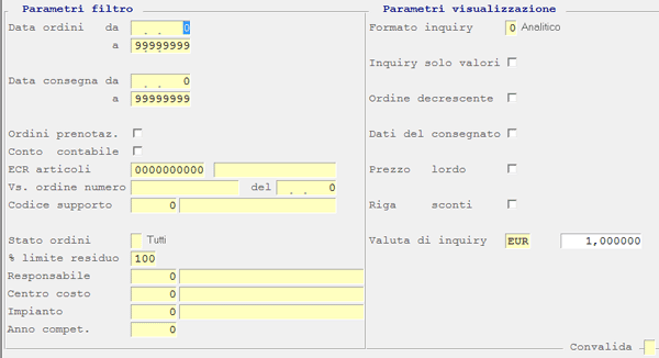 Inquiry Movimenti Ordini: impostazione Parametri Filtro e Visualizzazione