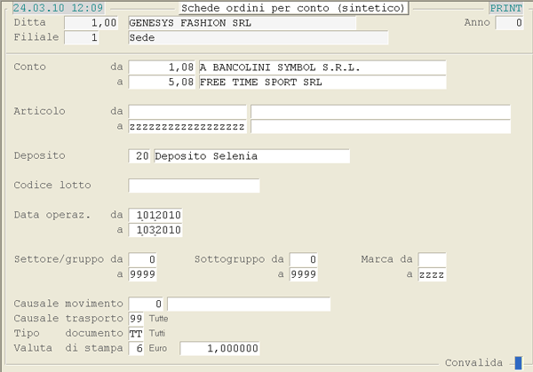 Schede Ordini per Conto: videata di selezione