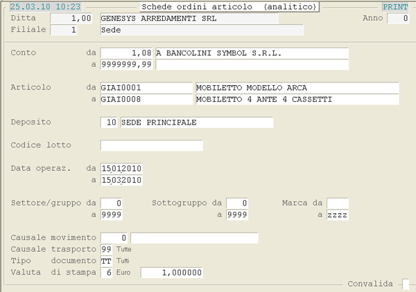 Schede Ordini per Articolo: videata di selezione