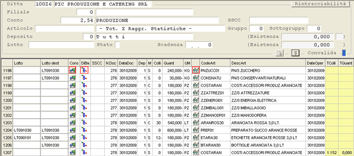 Inquiry Rintracciabilità: visualizzazione movimenti nel data-grid