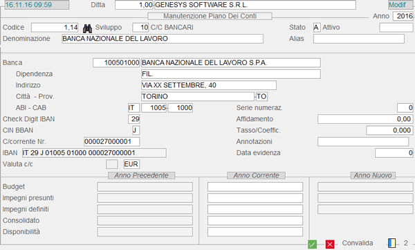 Manutenzione Conti Generali (esempio Conto Banca): 2° videata