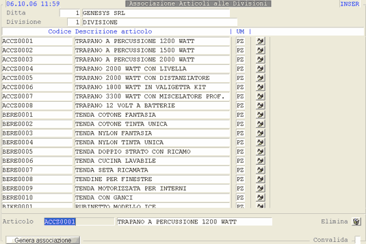 Associazione/Dissociazione articolo alle divisioni