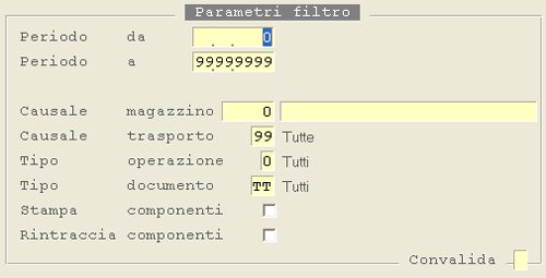 Inquiry Rintracciabilità: window Parametri Filtro