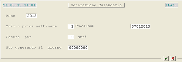 Generazione Calendario: videata di selezione