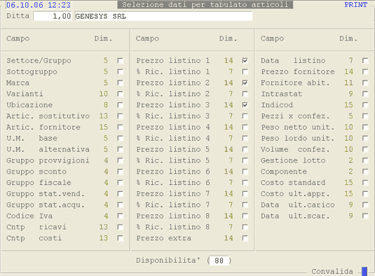 Selezione campi per la stampa dinamica