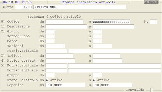 Selezioni per la stampa dell'Anagrafica Articoli
