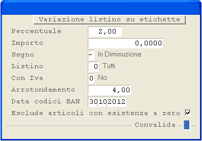 Window variazione Listino su Etichette