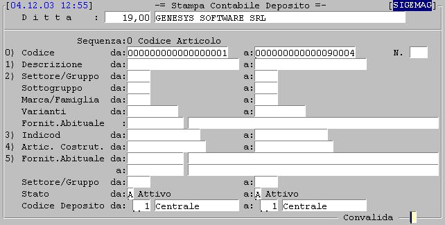 Selezioni per la stampa del tabulato di deposito