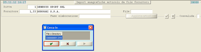 Import Articoli da file Fornitore: selezione file