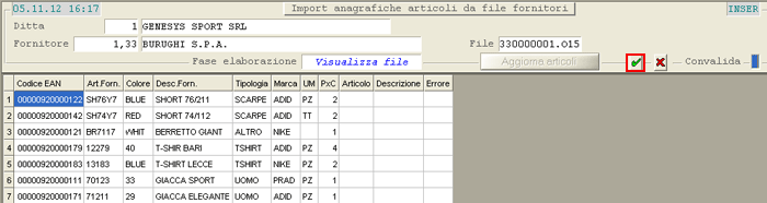 Import Articoli da file Fornitore: visualizzazione Articoli