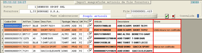Import Articoli da file Fornitore: selezione Articoli