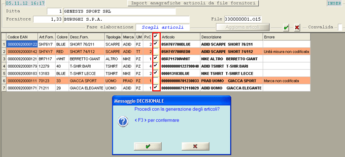 Import Articoli da file Fornitore: selezione Articoli