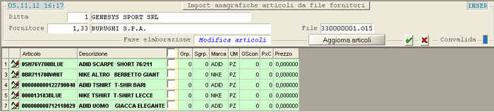 Import Articoli da file Fornitore: elenco Articoli acquisiti