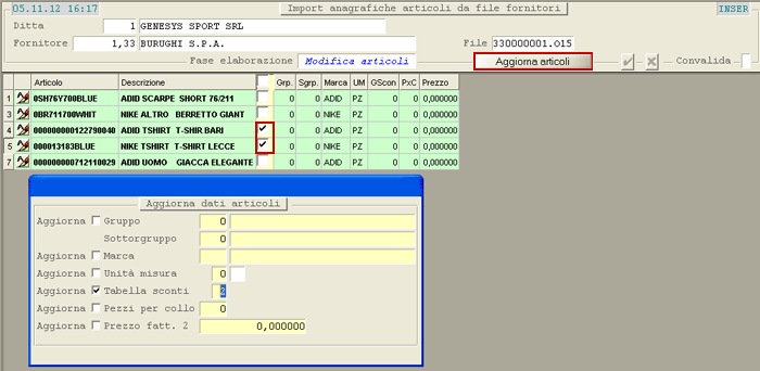 Import Articoli da file Fornitore: window aggiornamento dati