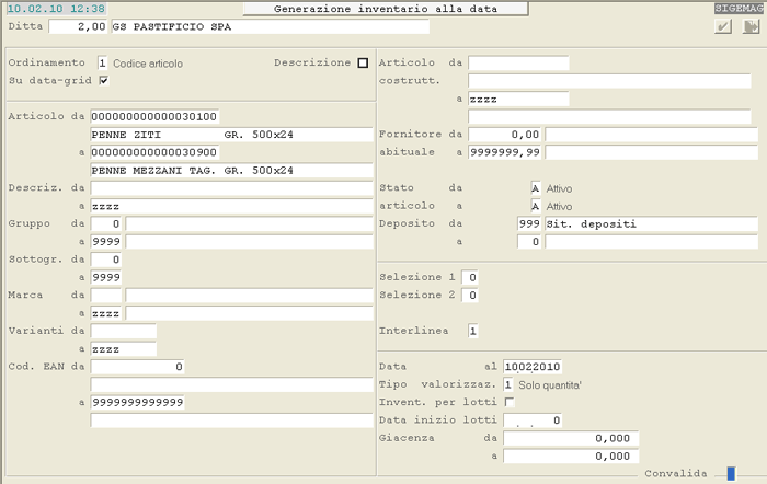 Generazione Inventario alla Data: videata di selezione