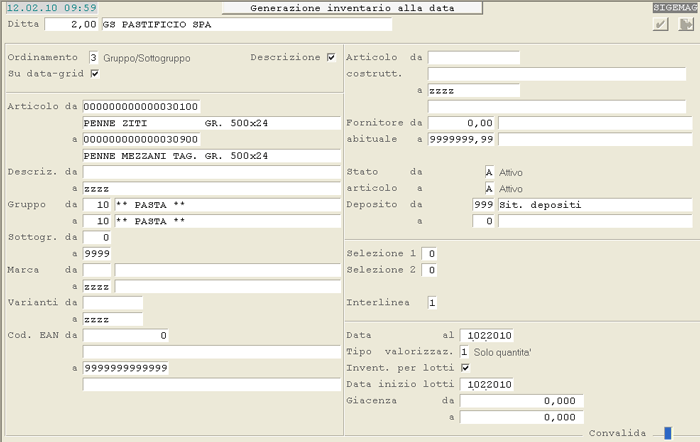Generazione Inventario alla Data: videata di selezione