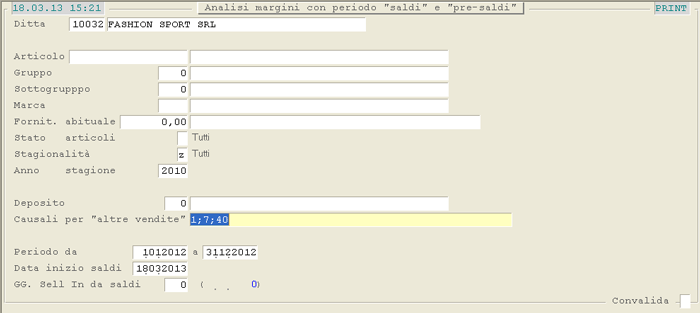 Situazione Saldi e Pre-Saldi: videata di selezione