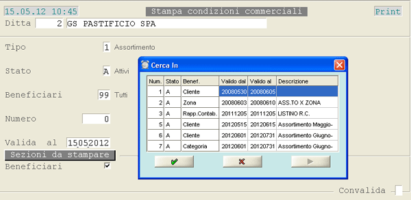 Stampa Assortimento: videata di selezione