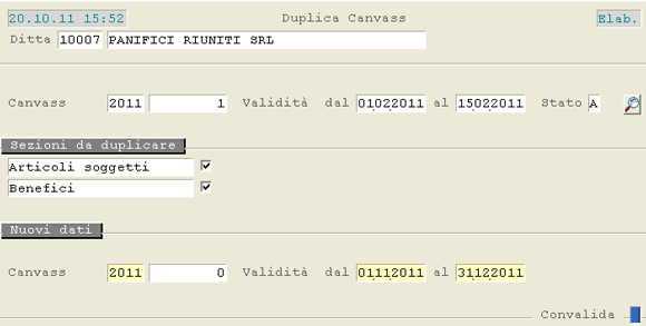 Duplica Canvass: videata di selezione