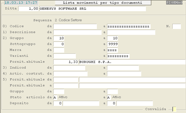 Lista Movimenti per Tipo Documento: 1° videata