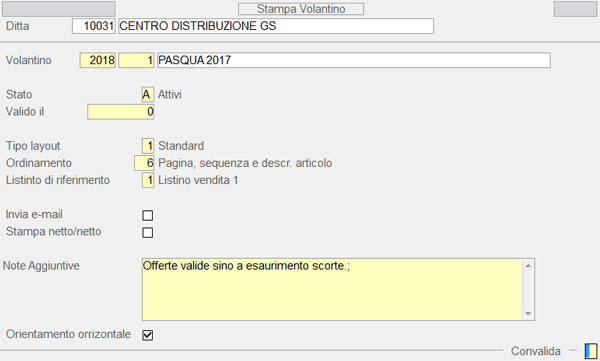 Stampa Volantino: videata d'accesso alla funzione