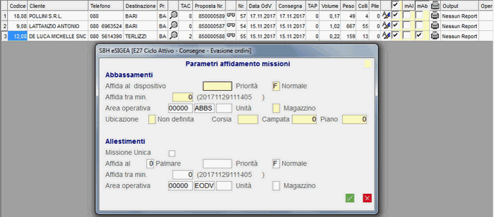 Avviamento Allestimento: window Parametri affidamento missioni