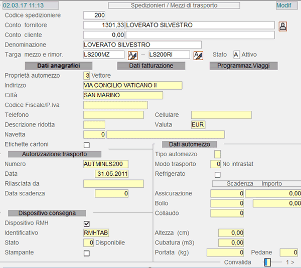 Tabella Spedizionieri/Mezzi Trasporto: Dati Anagrafici - 1° videata