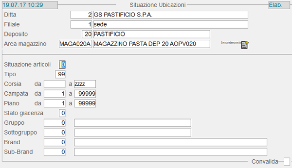 Anagrafica Ubicazioni - videata d'impostazione parametri