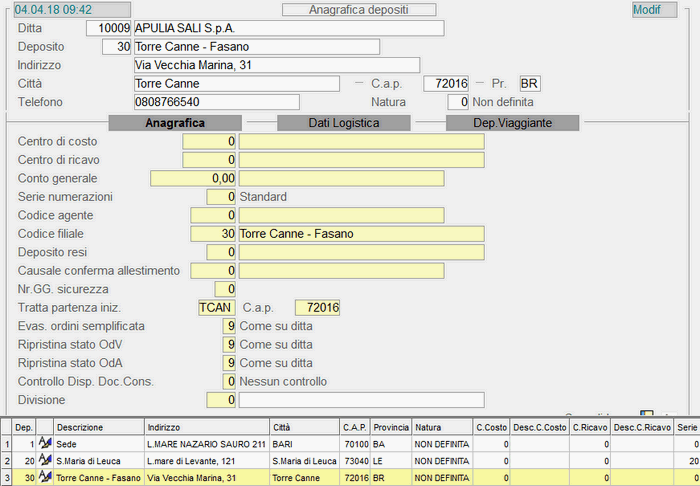 Anagrafica Depositi - 1° videata