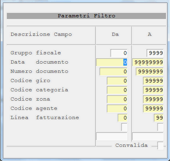Window d'impostazione parametri