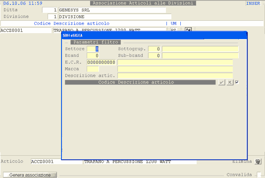 Associazione articolo alle divisioni