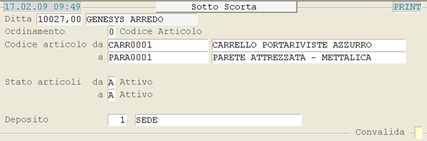 Report Sotto Scorta: videata di selezione