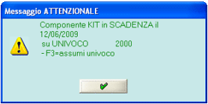 Messaggio attenzionale Componente Kit in scadenza