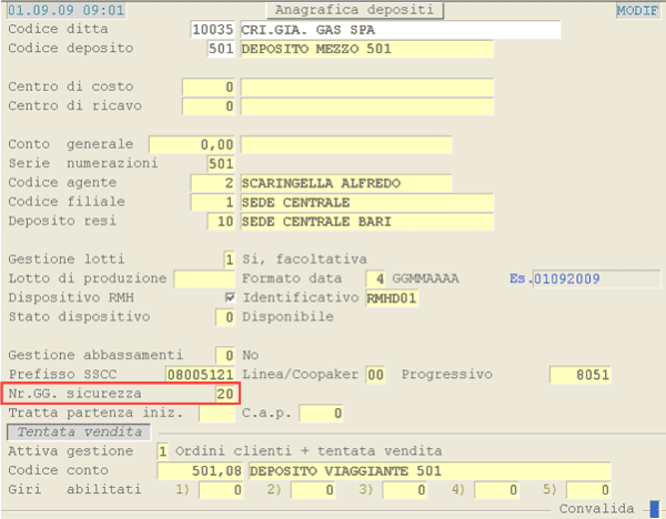 Anagrafica Depositi: impostazione Numero GG. Sicurezza