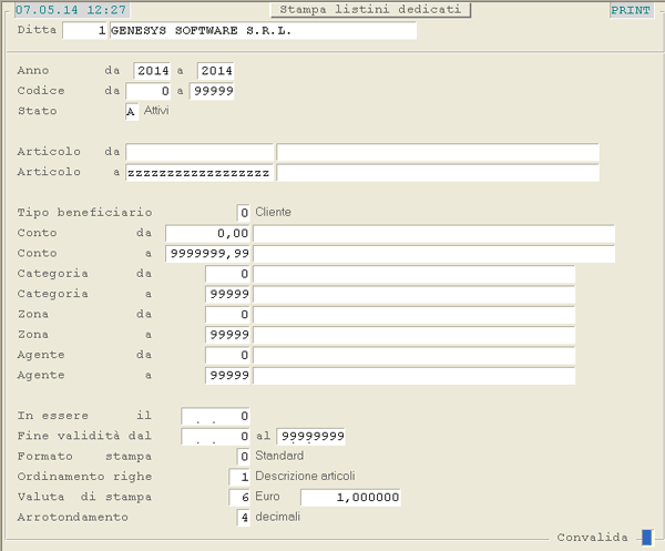 Stampa Listini Dedicati: videata di selezione