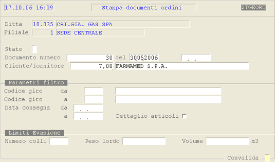 Stampe Ordini Clienti: videata di selezione