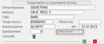 Window impostazione Trasportatore occasionale
