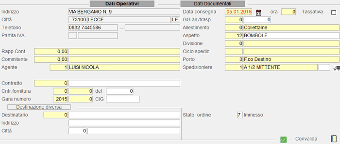 Immissione Ordine Cliente: dati operativi