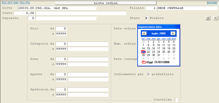 Emissione Ordini: videata di selezione