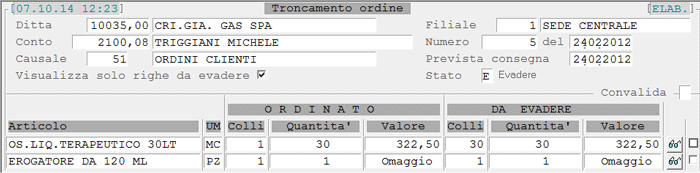 Troncamento Ordini - Singolo Ordine