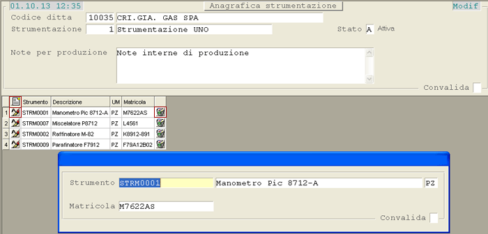 Anagrafica Strumentazione: window inserimento/modifica Strumenti